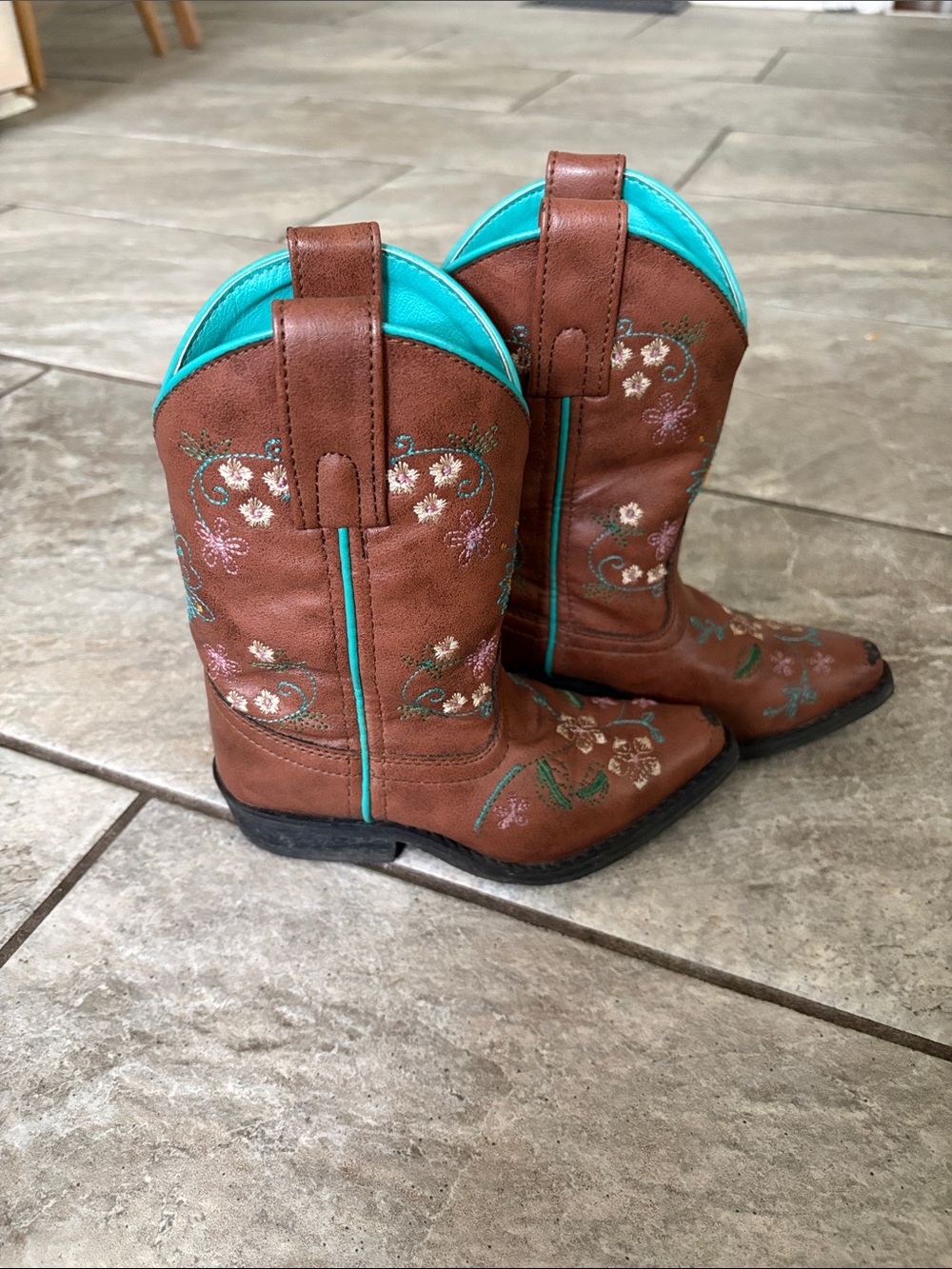 Shyanne Brown and Teal Floral Kids Cowboy Boots